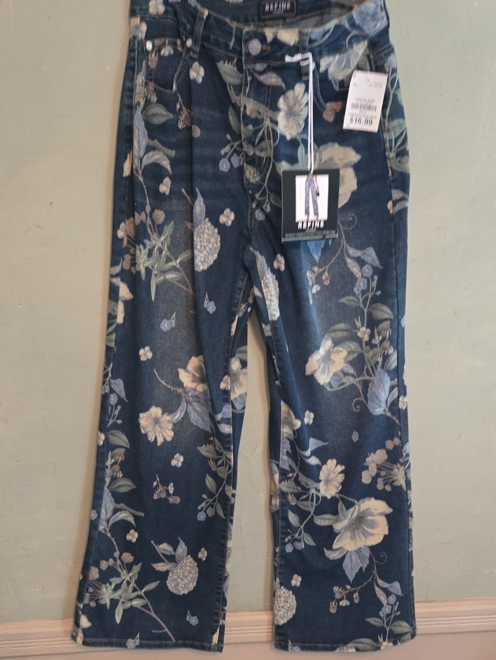 Straight Leg Floral Print Blue Women's Jeans. Wide Leg.